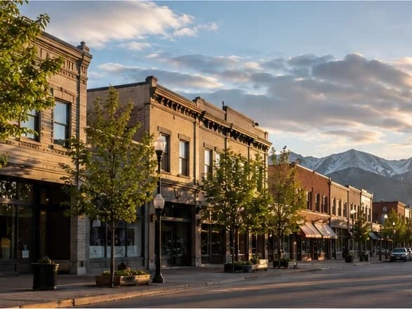 Colorado small-business district with the Front Range in the distance.