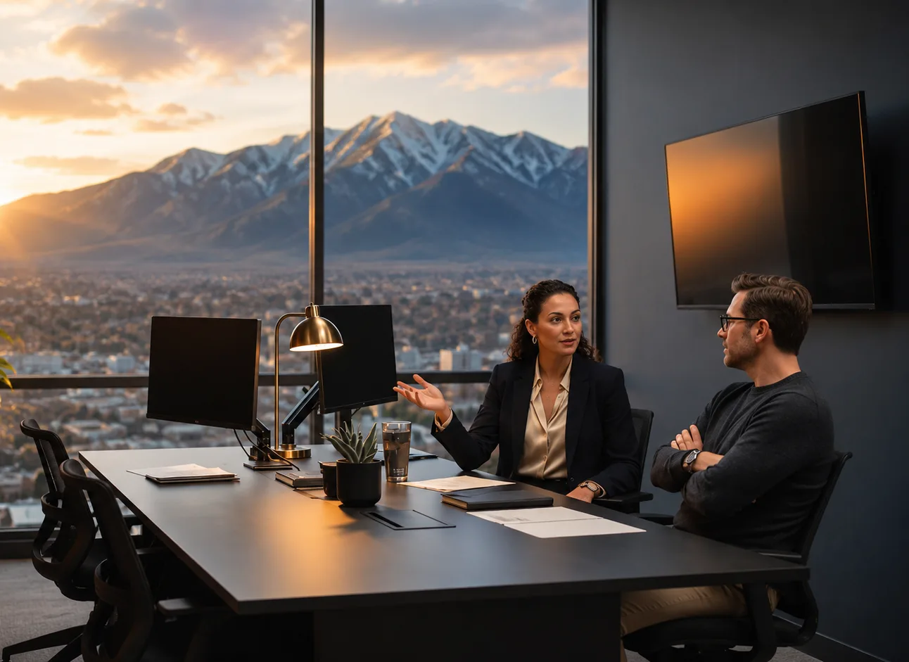 Financial advisor meeting with a business owner in a Colorado office overlooking the mountains.